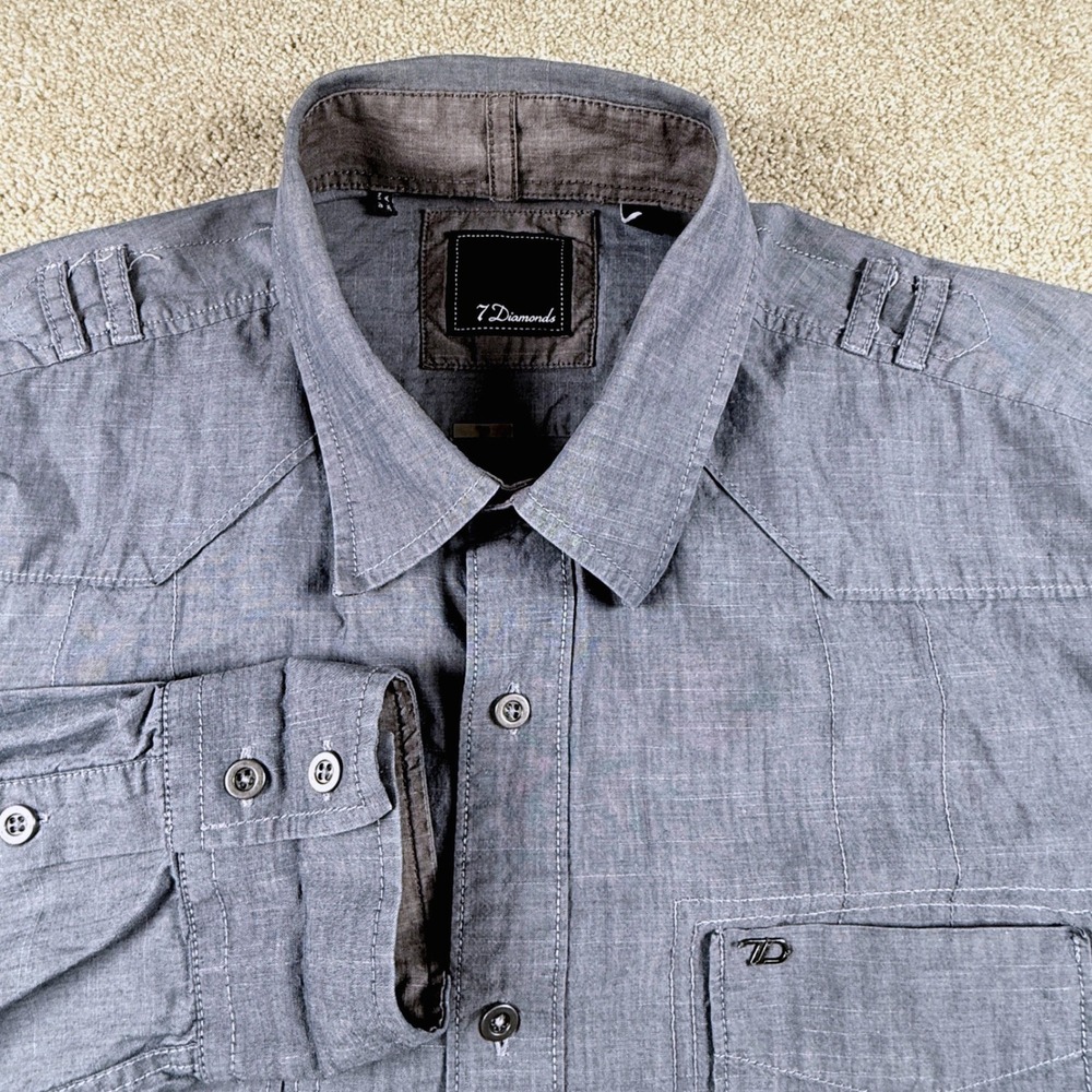 7 Diamonds Button Down Shirt Mens Large Denim Blue Western Epaulets Cotton
